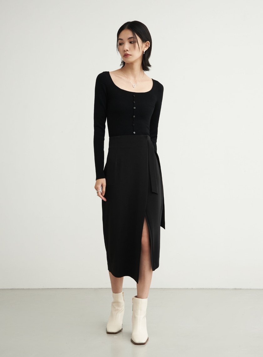 優雅方領羊毛長袖針織上衣